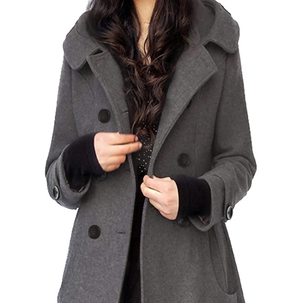 Gray hooded pea coat; pockets and belt. Never worn. Still in package. Size XL.